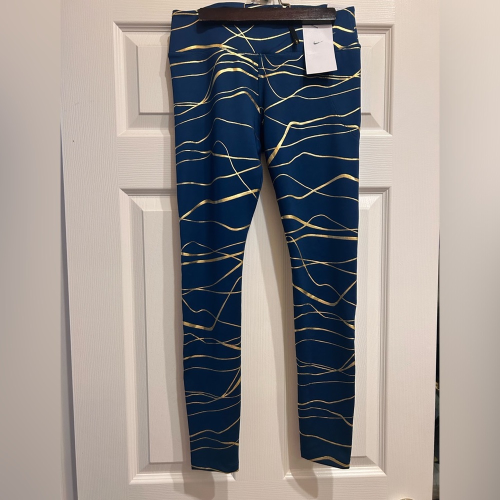 Nike Dri-Fit Gold Metallic and Blue Running Full Tights/Leggings/Pants Med NWT